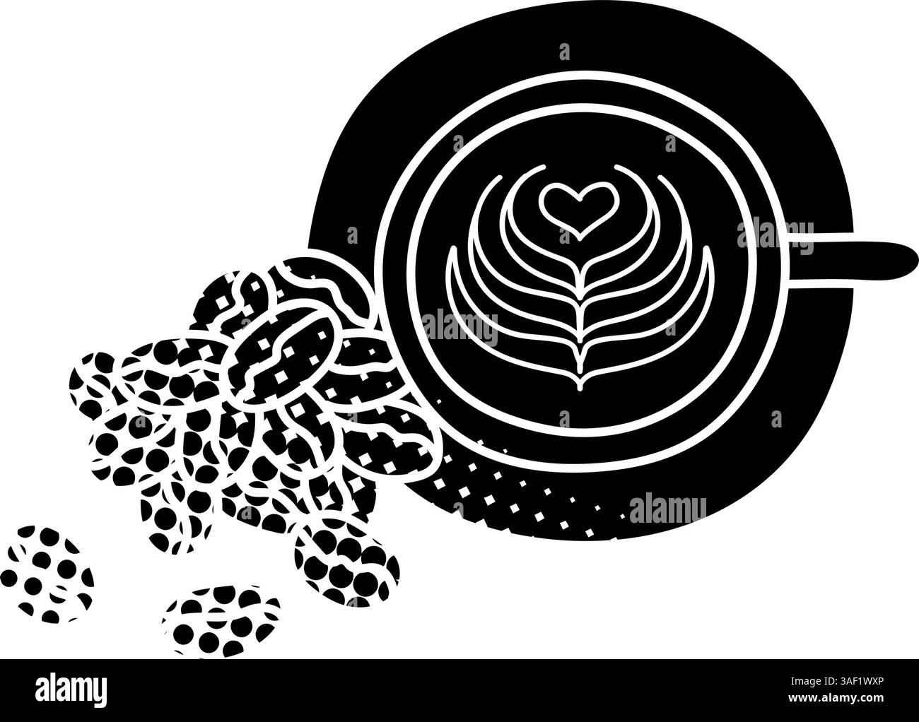 Coffee beans and latte art black hand drawn icon in halftone texture ...