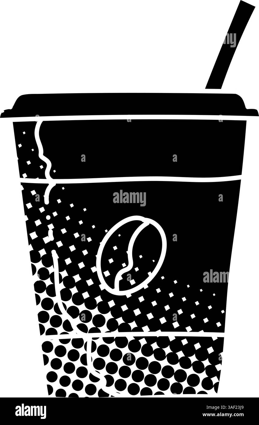 Coffee drink plastic cup with straw black hand drawn icon in halftone ...