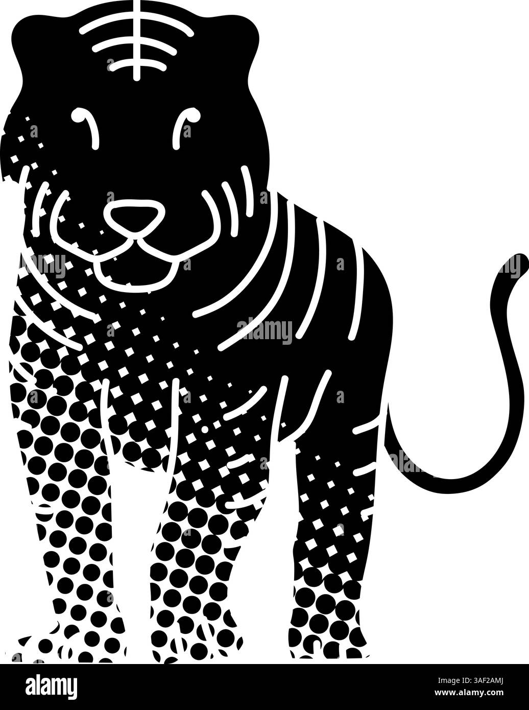 black hand drawn icon in halftone texture style tiger Stock Vector