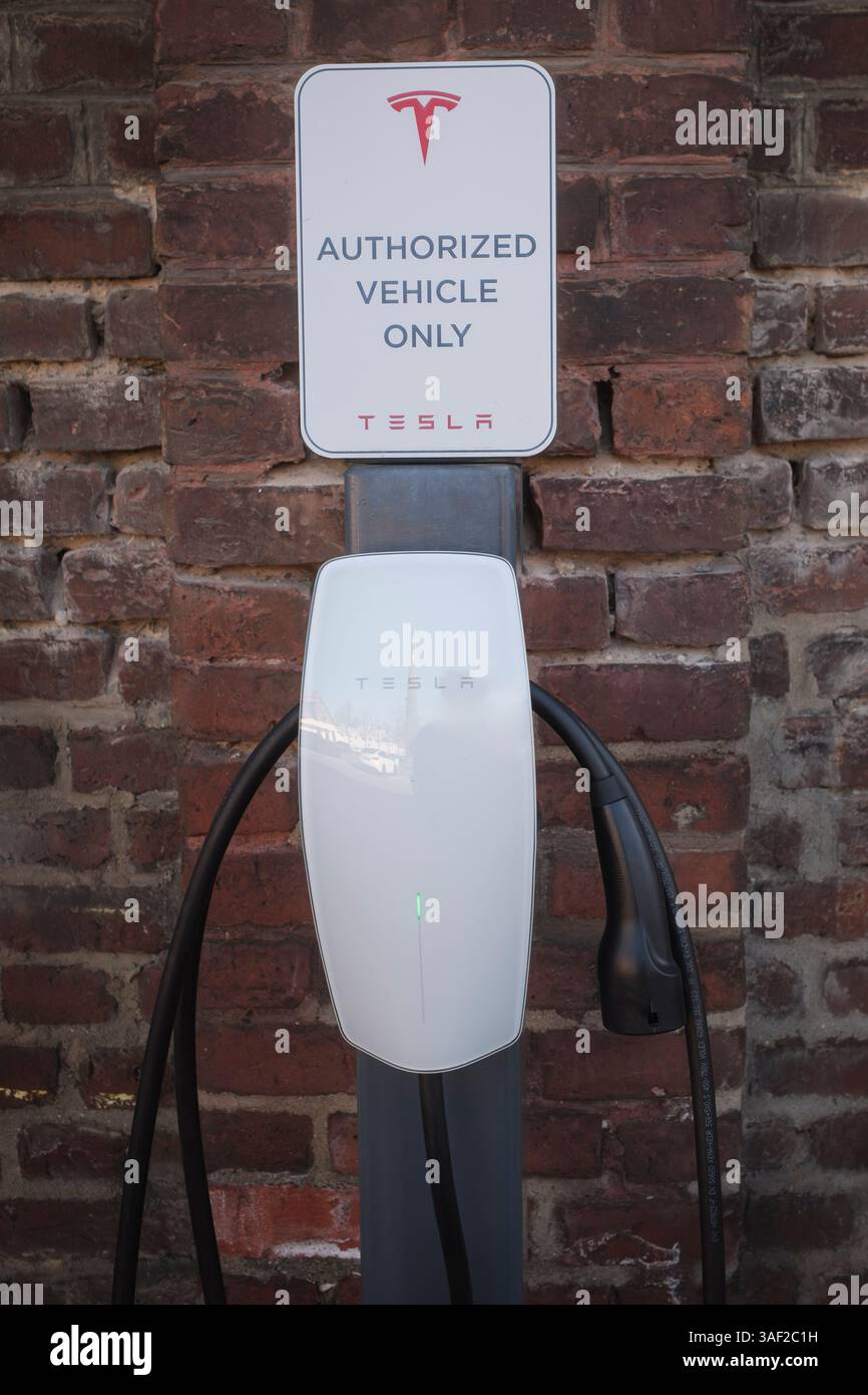 Tesla charging station for electric cars in Cologne Muelheim Stock Photo