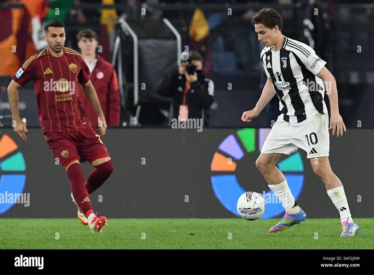 Rome, Lazio. 06th Apr, 2025. Zeki Celik of AS Roma, Kenan Yõldõz of ...