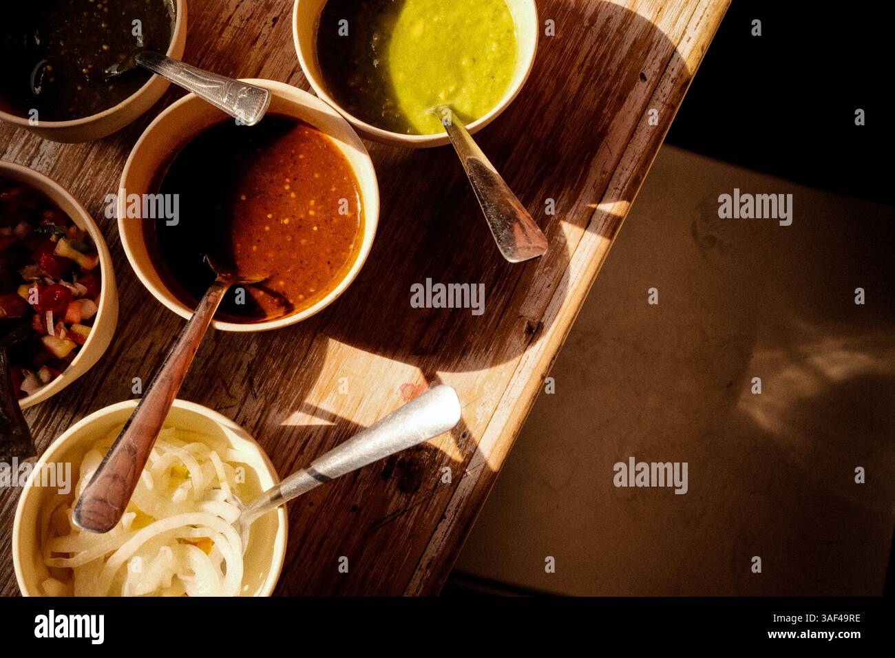 variety of taco restaurant salsas Stock Photo