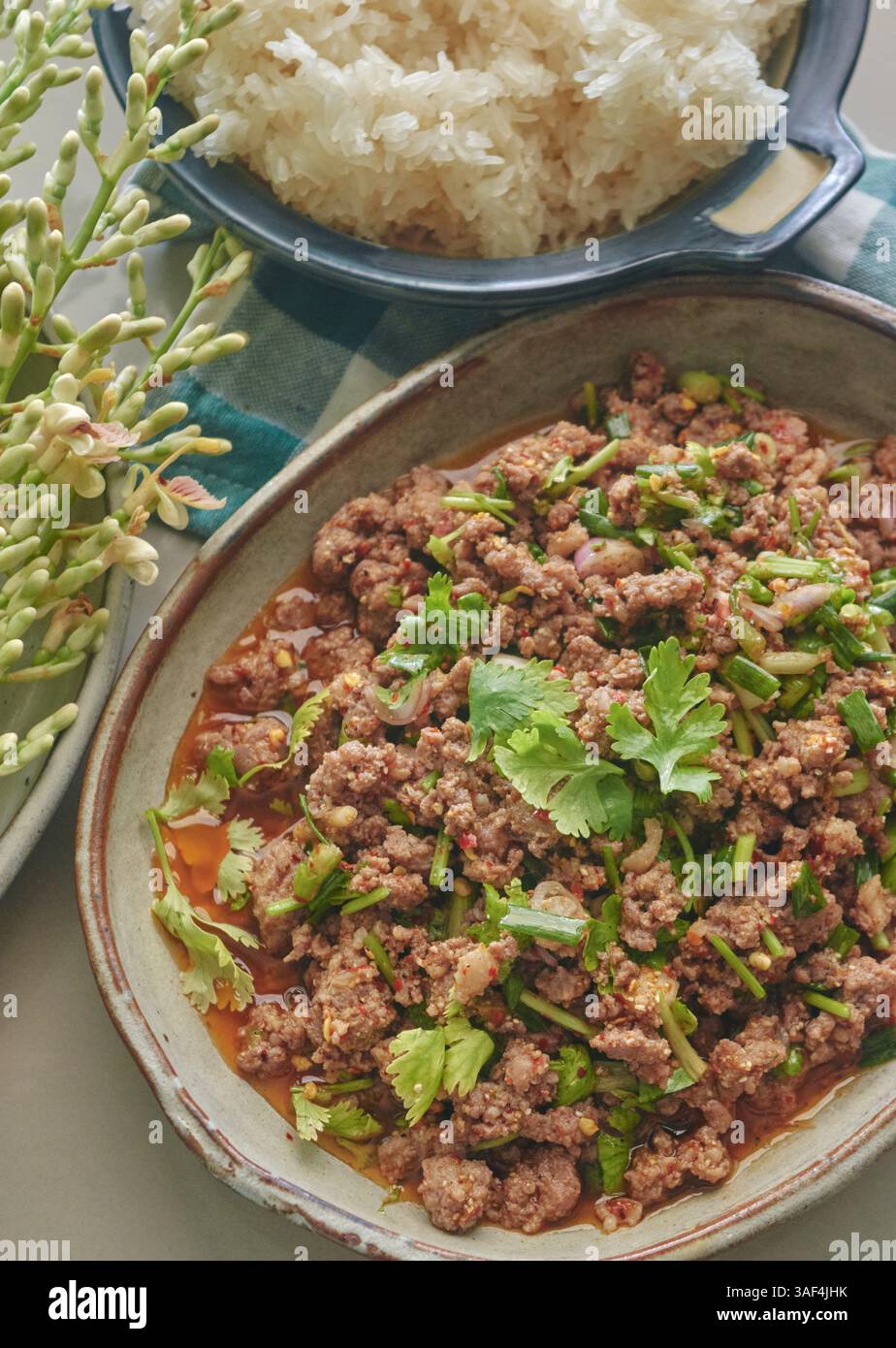 A Rustic Thai Meal – Larb, Rice, and Nature’s Bounty Stock Photo - Alamy