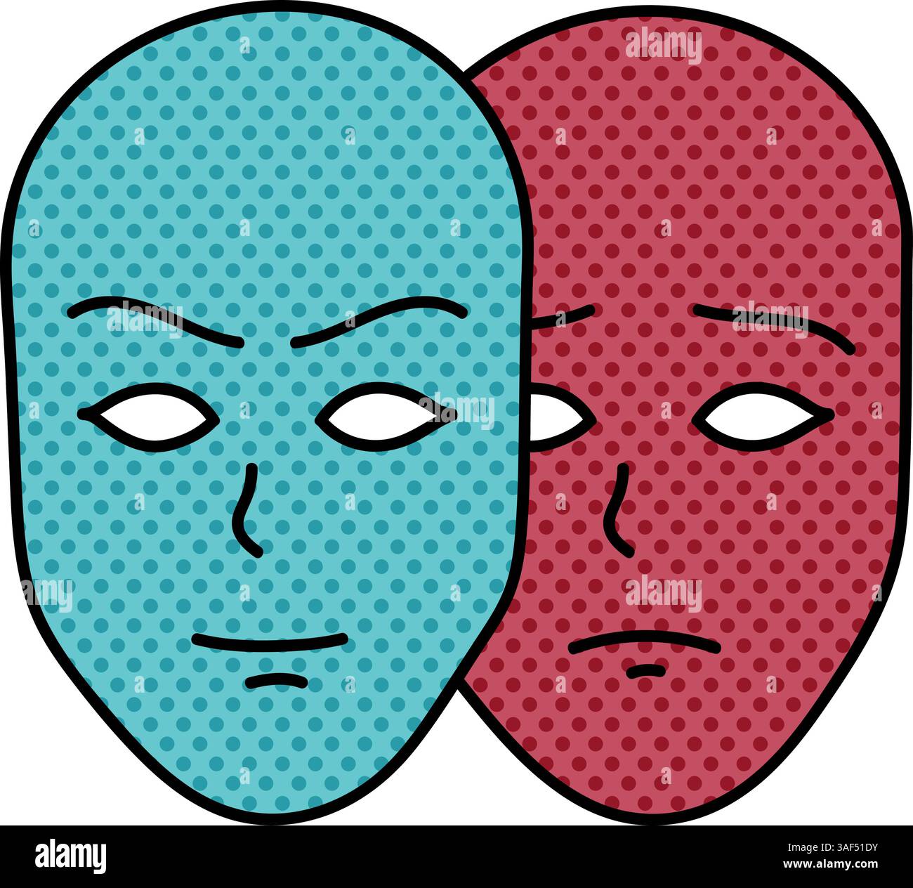 deep fake two face masks with different moods halftone hand drawn color vector illustration Stock Vector