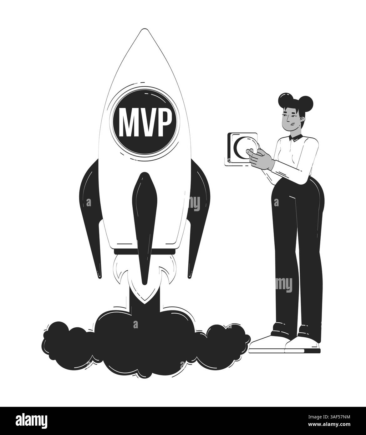 Female entrepreneur launching MVP startup rocket doodle line ...