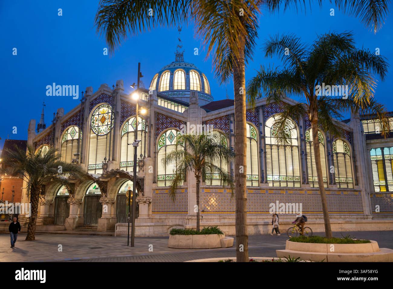 Exterior of the Central Market at night, Valencia, Spain, Europe Stock Photo