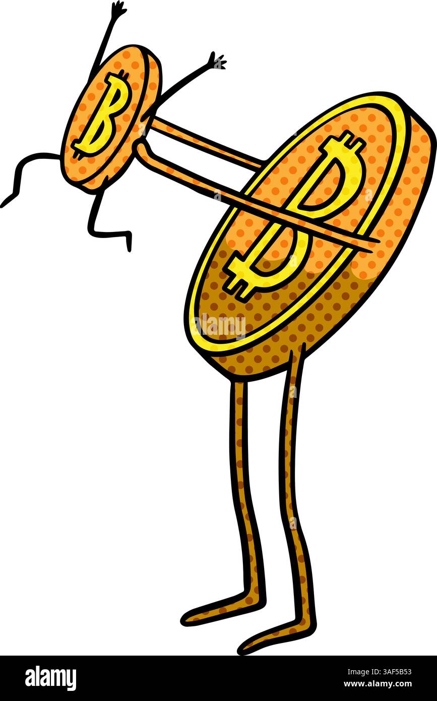 bitcoin character figure holding small coin hand drawn halftone color ...