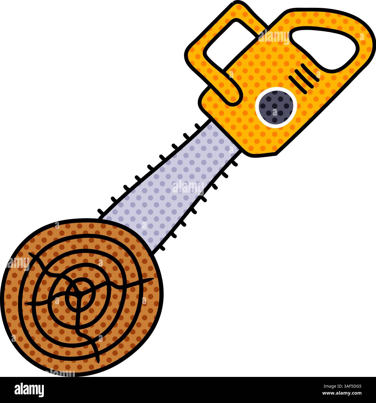 chain saw cutting wood log halftone hand drawn color vector illustration Stock Vector