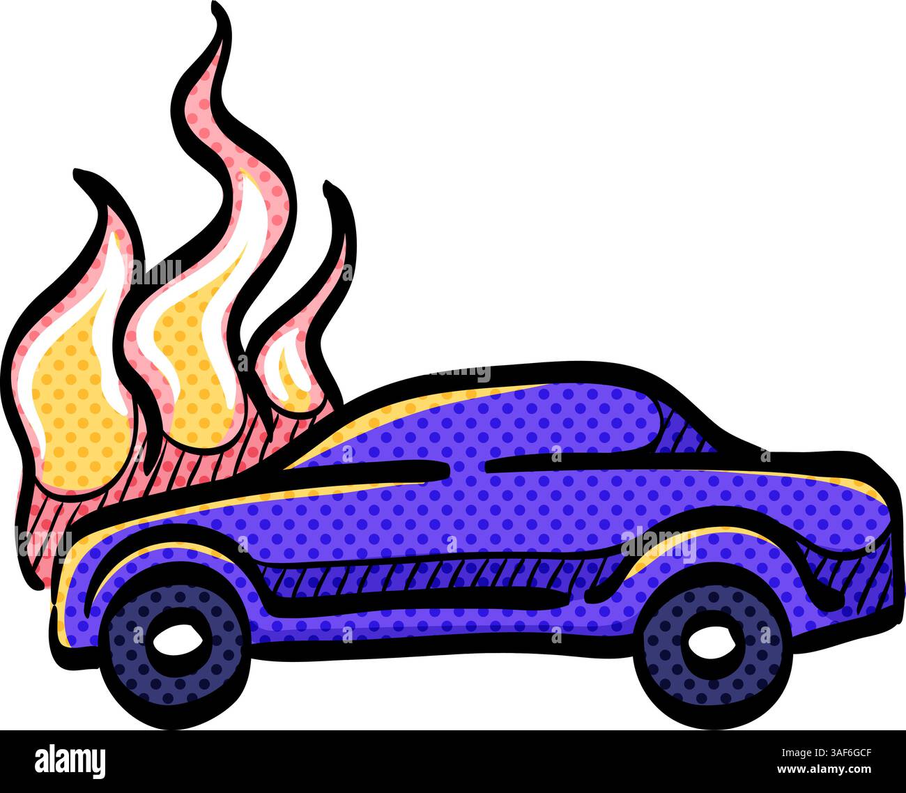 Car on fire halftone icon hand drawn color vector illustration Stock ...