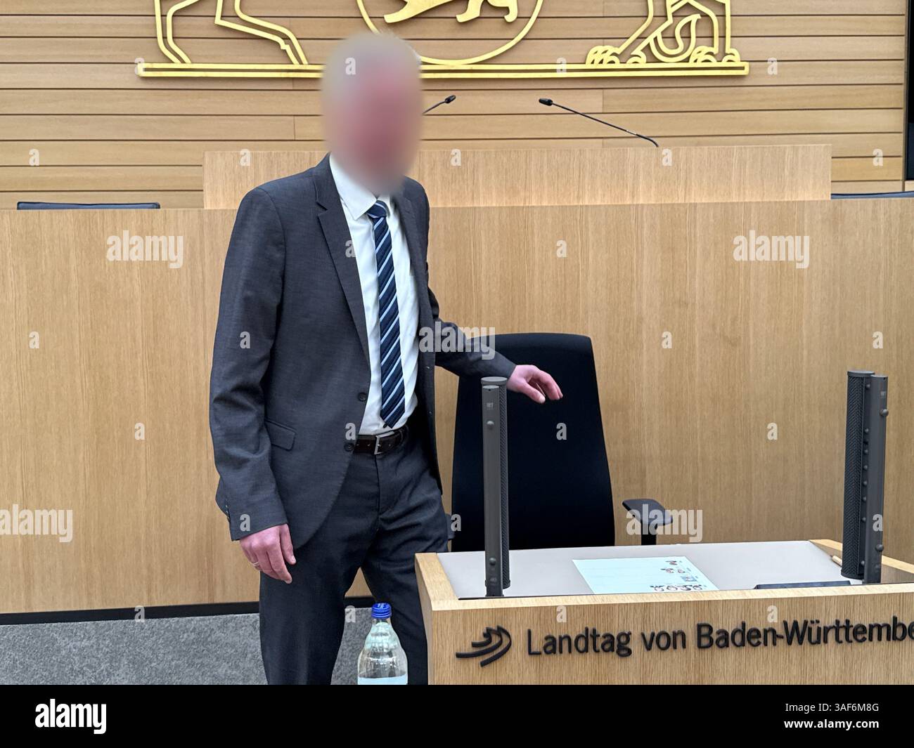 Stuttgart, Germany. 07th Apr, 2025. The former police inspector takes the witness stand. In a statement lasting around five minutes, the suspended police inspector from Baden-Württemberg made it clear why he is exercising his right to refuse to provide information - at the same time, he described accusations against him as inaccurate. The committee of inquiry into police misconduct has been meeting for a very long time. Credit: Nico Pointner/-/dpa - ATTENTION: The ex-inspector of the police has been pixelated for legal reasons./dpa/Alamy Live News Stock Photo