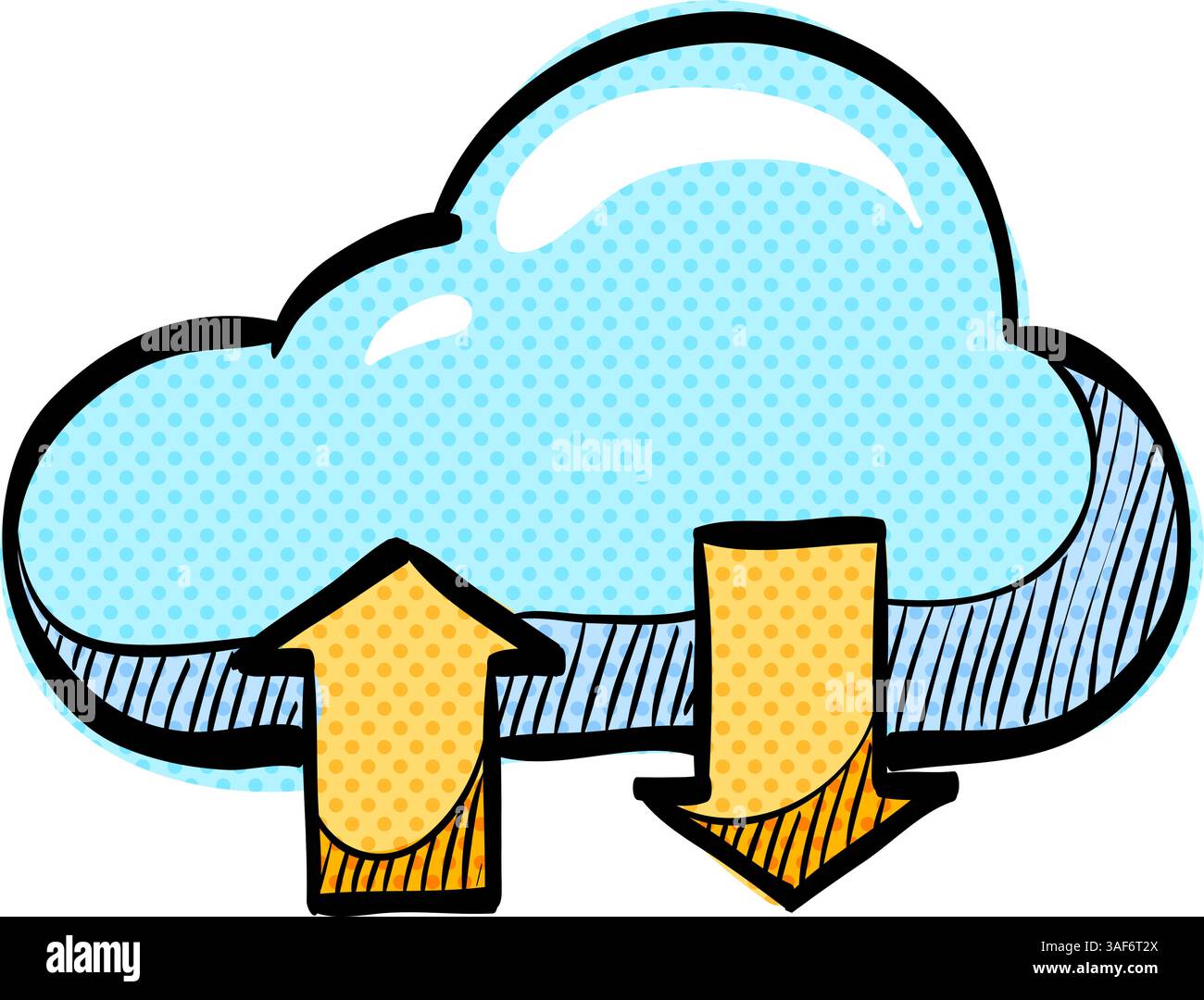 Cloud icon with arrows halftone hand drawn color vector illustration Stock Vector