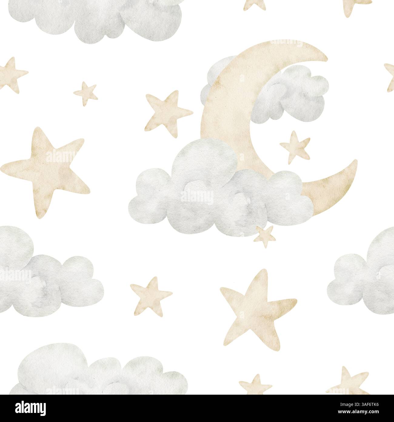 Watercolor seamless pattern of moon, stars, and clouds in pastel beige ...