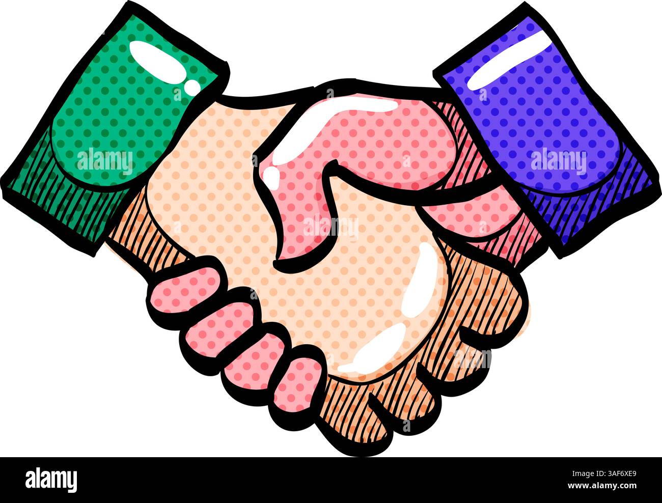 Handshake halftone icon hand drawn color vector illustration Stock Vector