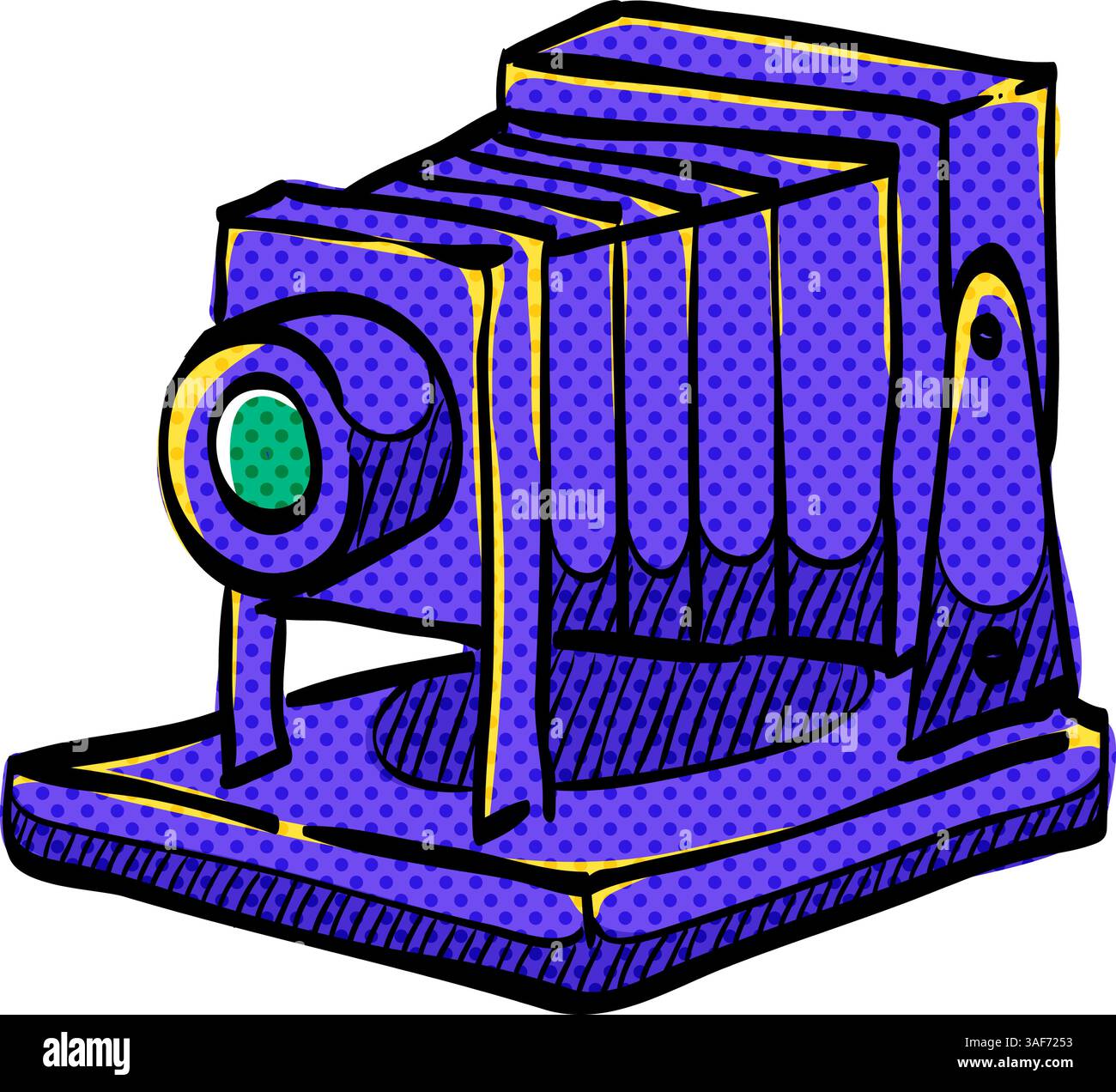 Large format camera halftone icon hand drawn color vector illustration Stock Vector