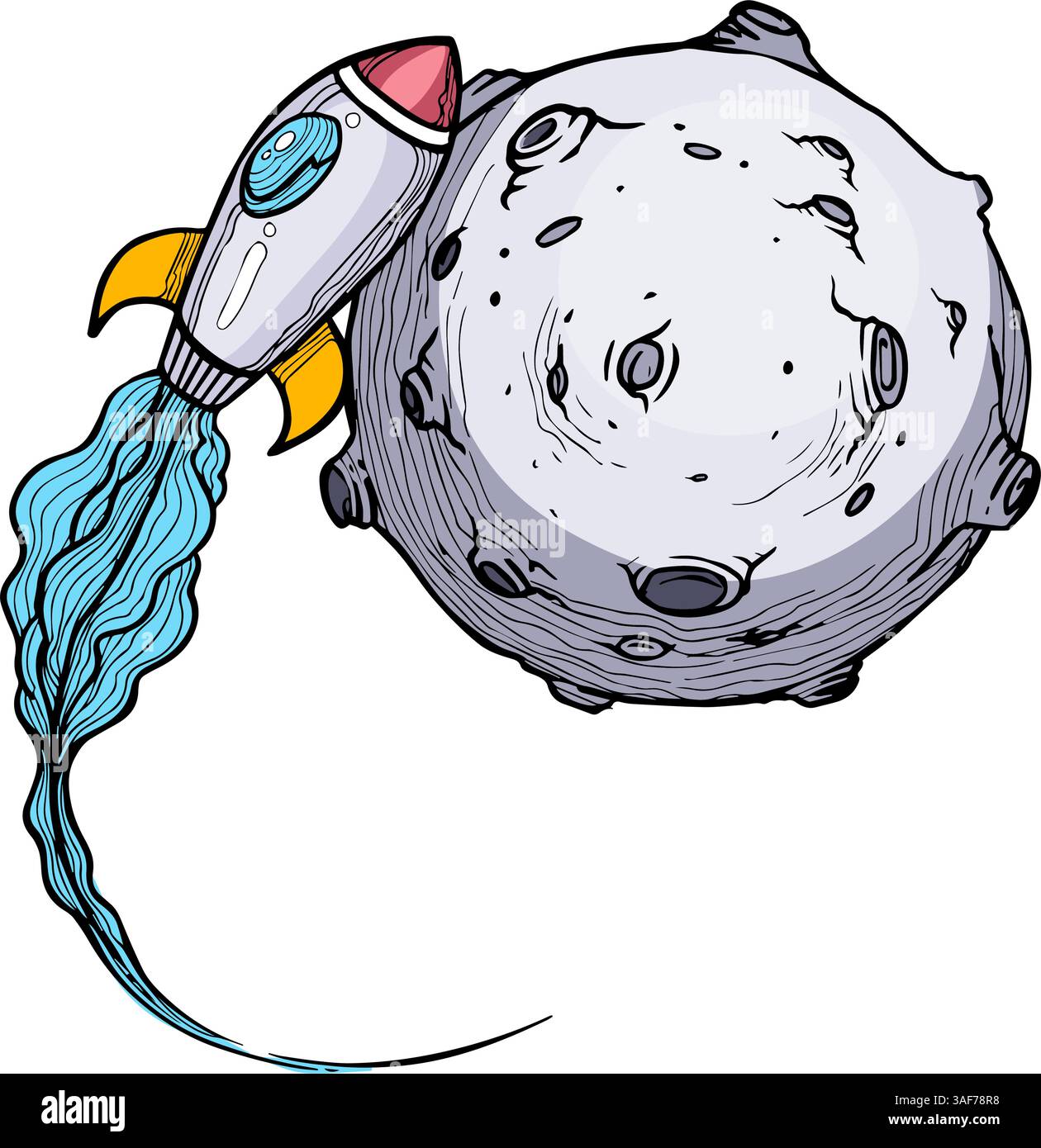 bitcoin space rocket approaching a planet hand drawn color vector illustration Stock Vector