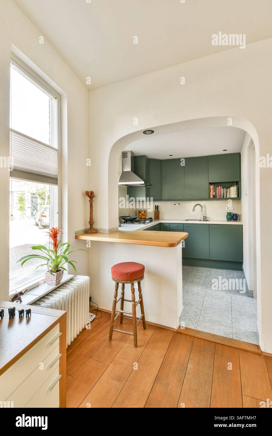 A bright and airy modern kitchen featuring an open layout, wooden ...