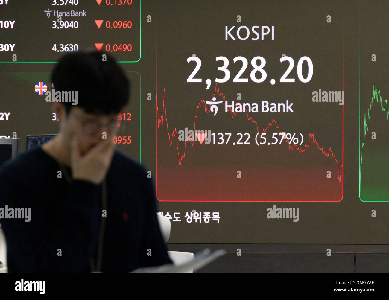 A screen shows the Korea Composite Stock Price Index (KOSPI) as  participants applaud during the opening ceremony of the 2026 trading year  at the Korea Exchange in Seoul, South Korea, Friday, Jan.