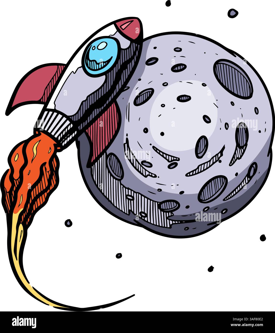 bitcoin space rocket approaching a planet hand drawn color vector illustration Stock Vector