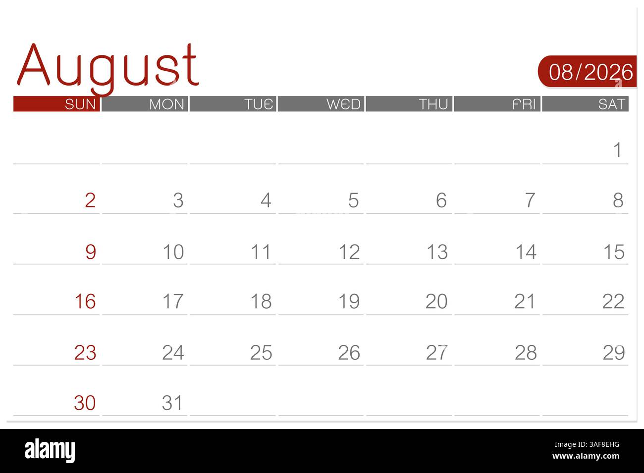 August 2026 blank calendar page isolated on white background, Save ...