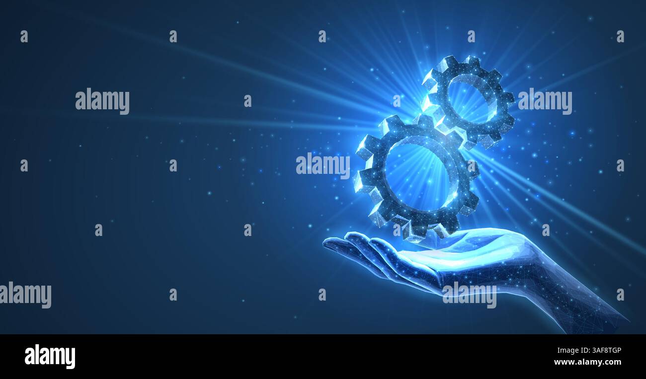 Hand holding 3d gear mechanism. Engine solution, digital technical ...