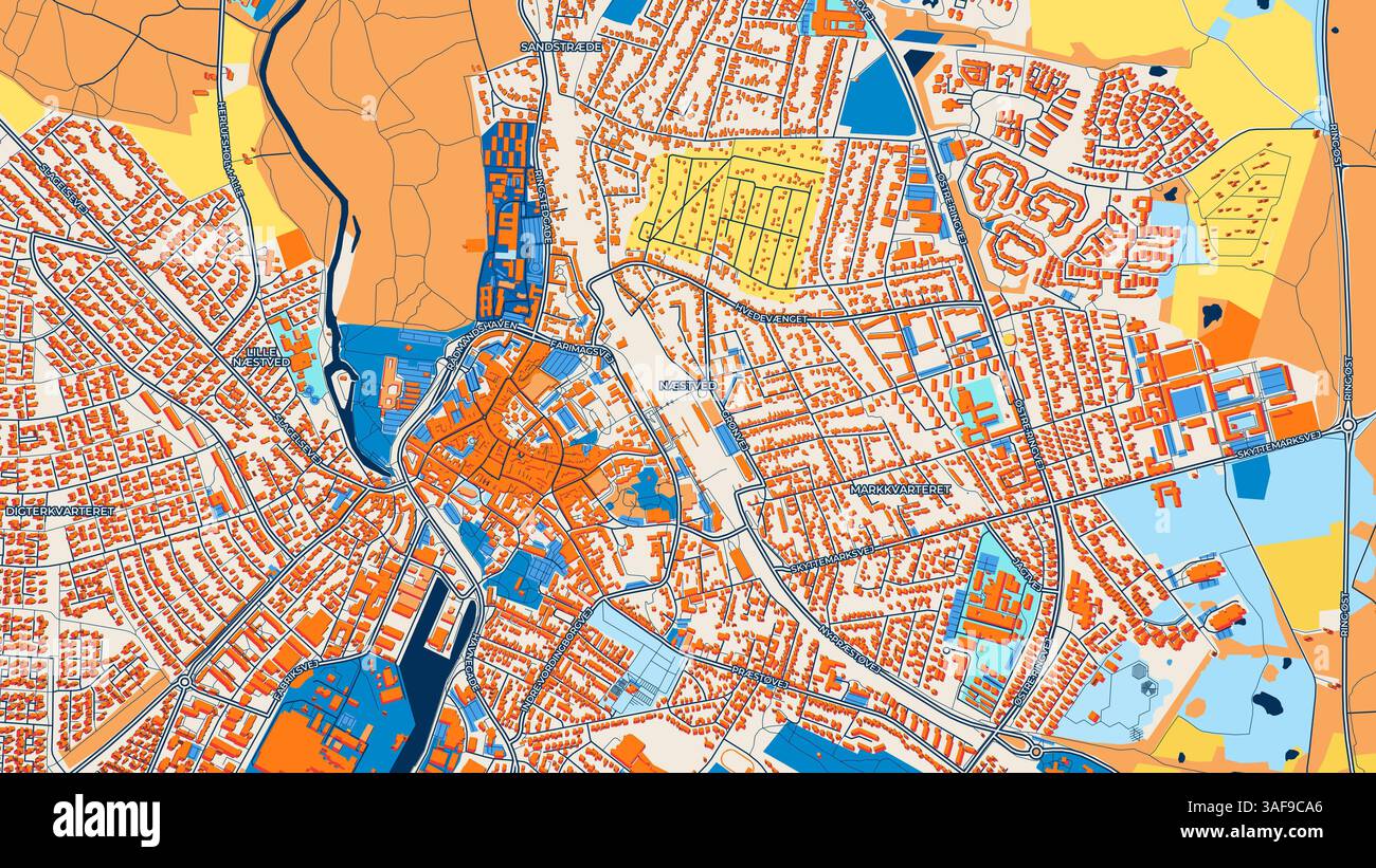 Colorful Næstved Art Map with Labels and Buildings with many details ...