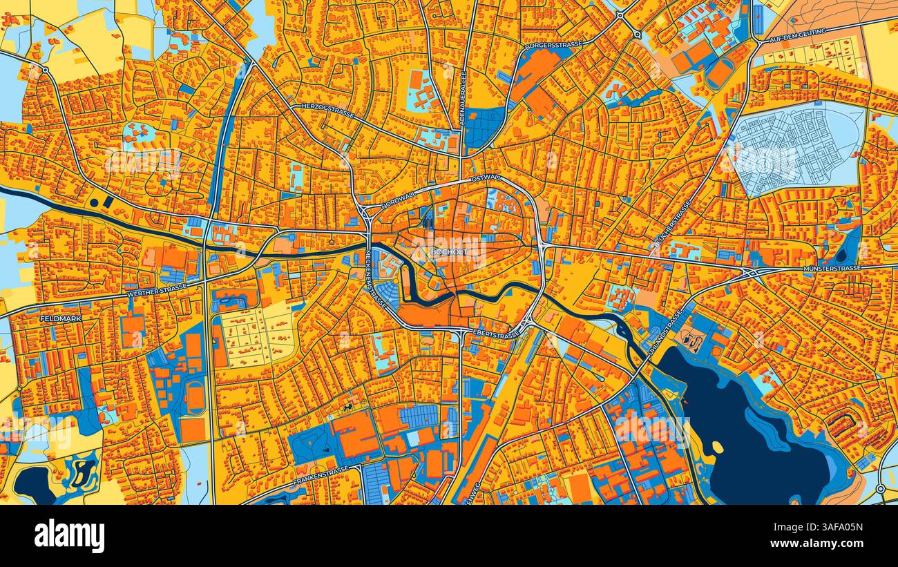 Colorful Bocholt Art Map with Labels and Buildings with many details ...