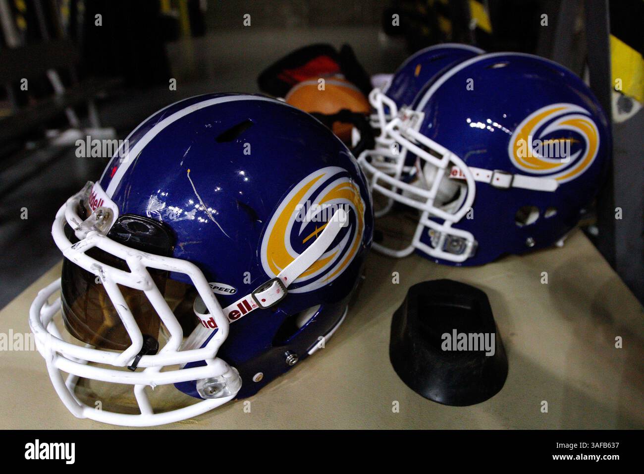April 6, 2012: Tampa Bay Storm helmets are seen on the sideline during the AFL  football game between the New Orleans Voodoo and the Tampa Bay Storm at the  New Orleans Arena