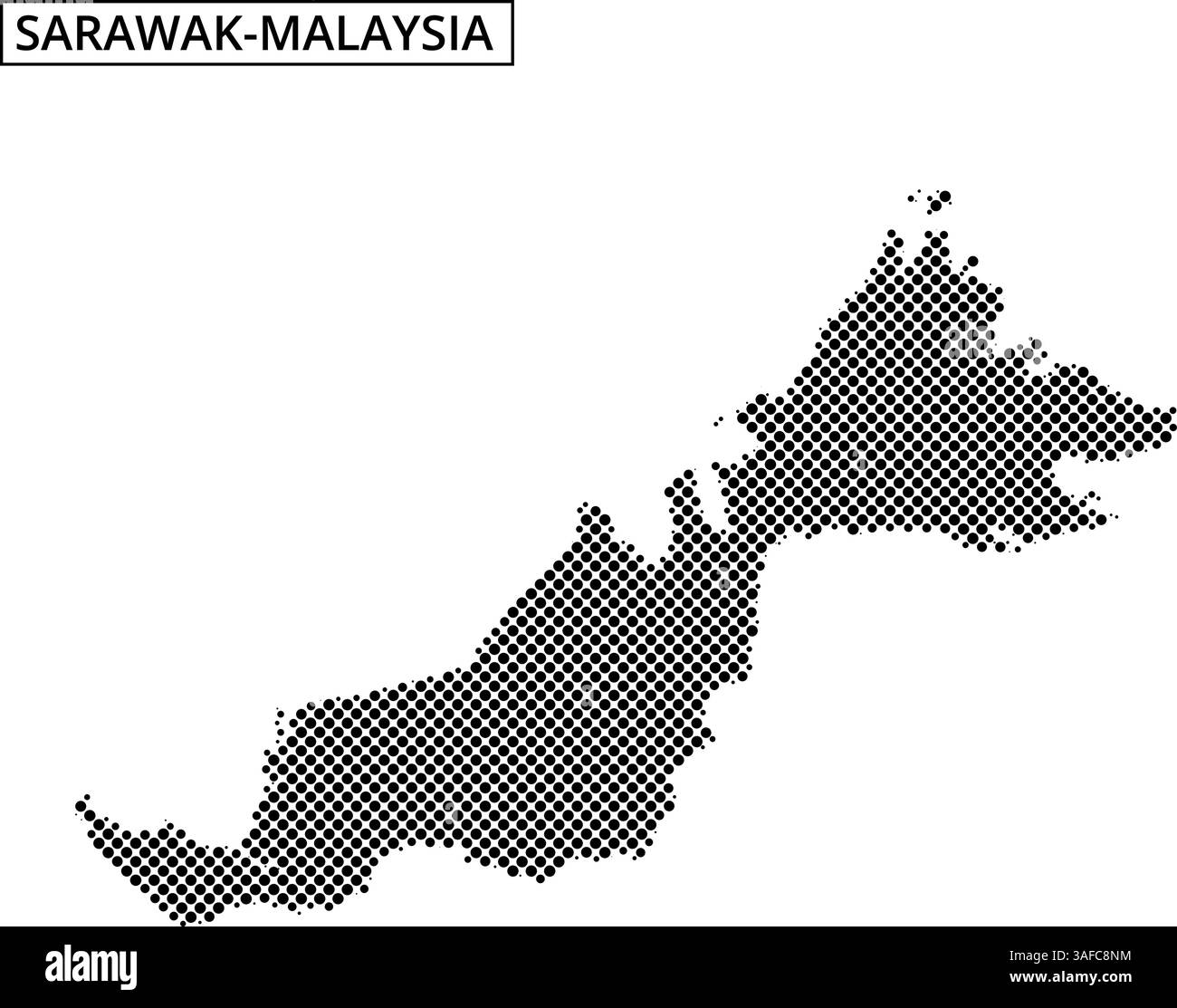 A dotted map displays the geographic outline of Malaysia, illustrating its two main regions and surrounding areas in a minimalist style. Stock Vector