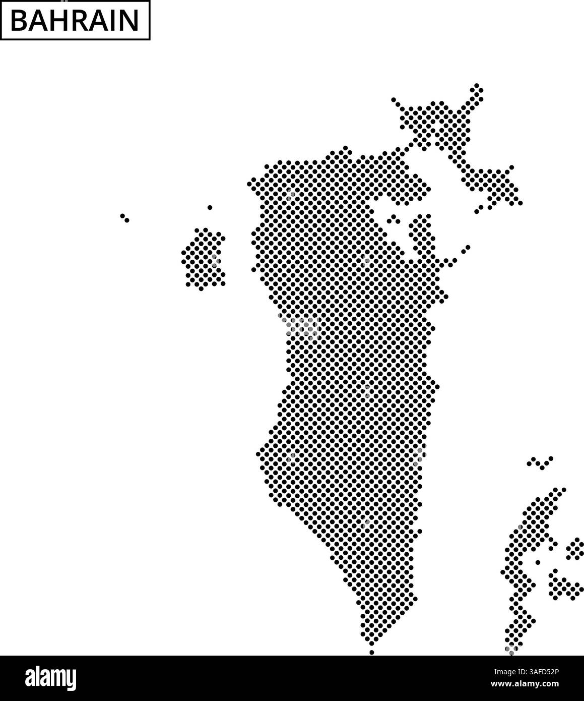 This artwork showcases an outline of Bahrain filled with a unique dot pattern, set against an abstract background. Stock Vector