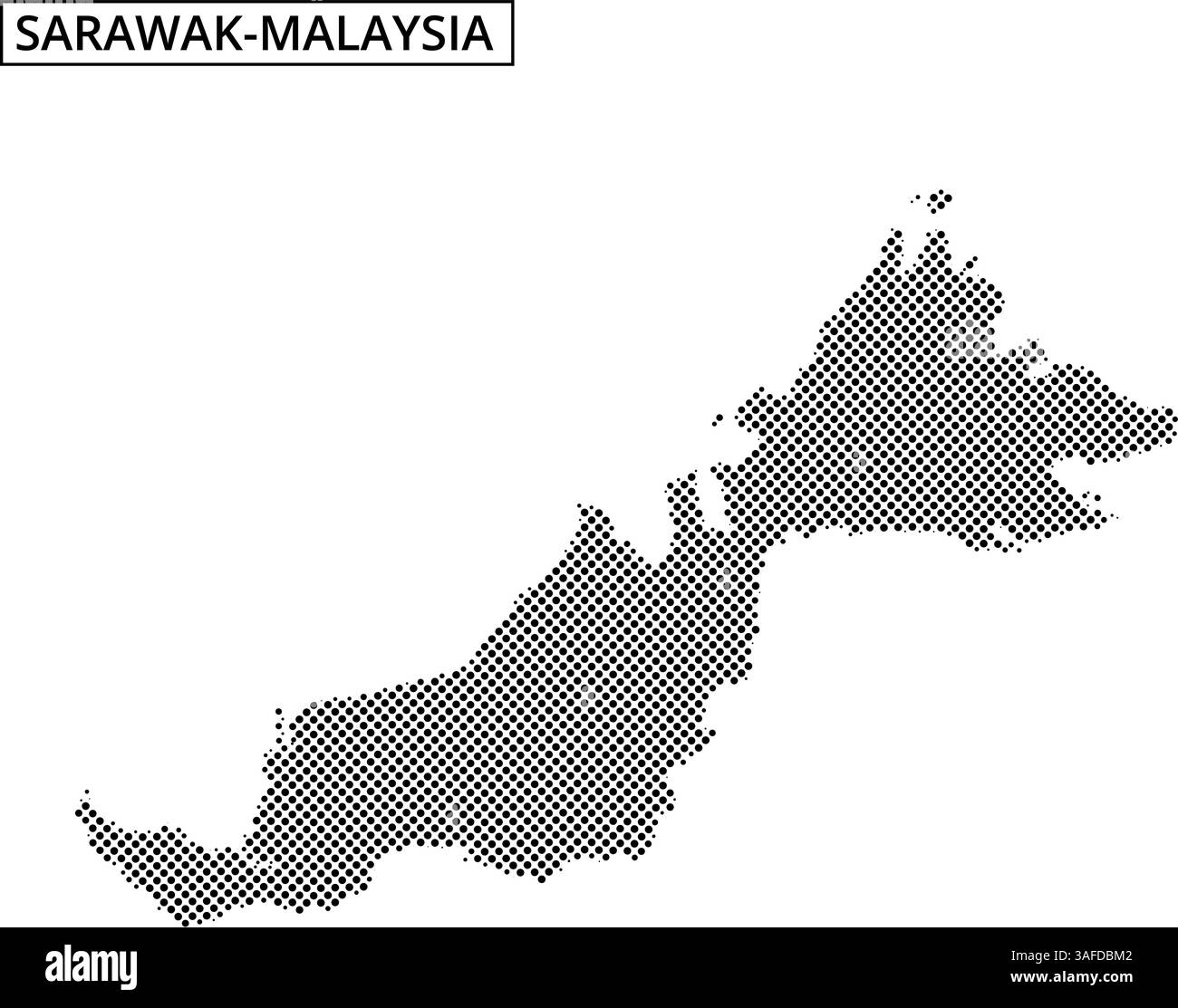 A dotted map displays the geographic outline of Malaysia, illustrating its two main regions and surrounding areas in a minimalist style. Stock Vector