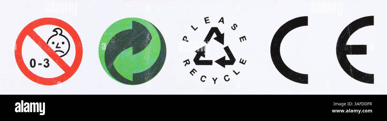 Safety and recycling symbols: no infants, recycle, ce marking on ...