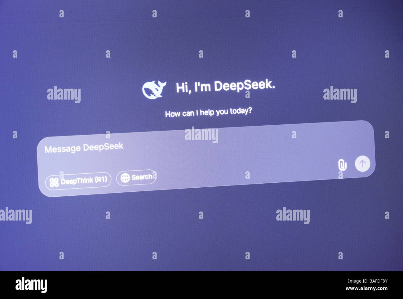 Deepseek ai interface with interactive messaging and search options on screen. Stock Photo