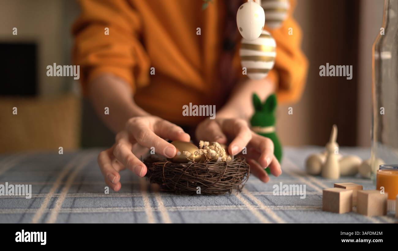 Festive Table Arrangement with Nest and Bunny Stock Photo