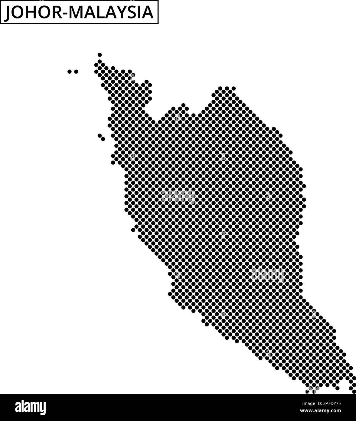 A dotted map displays the geographic outline of Malaysia, illustrating its two main regions and surrounding areas in a minimalist style. Stock Vector