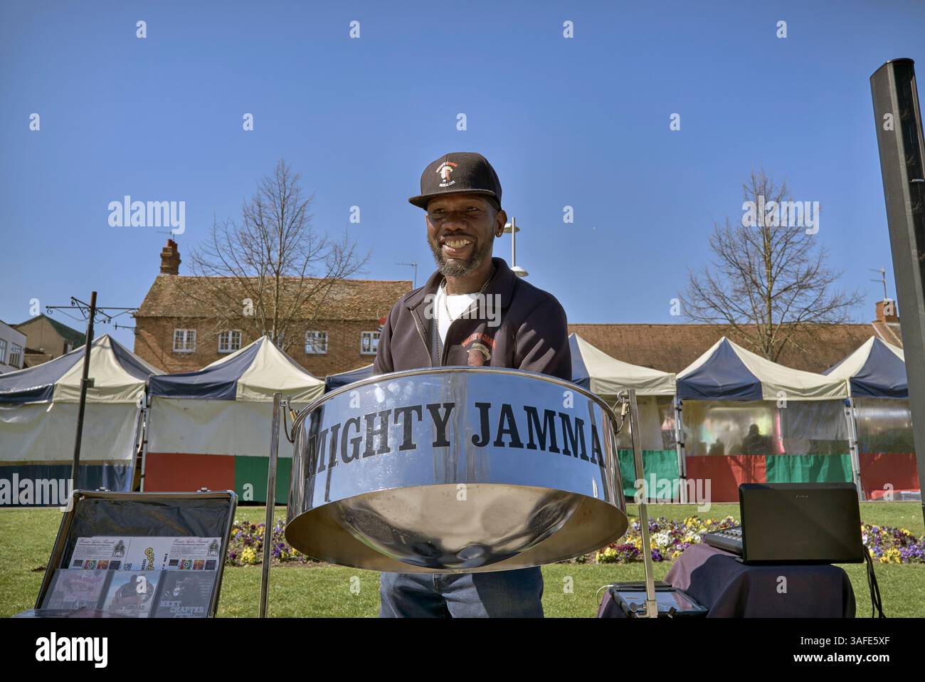 Jamaican Busker playing steel drum instrument on a UK street. England ...