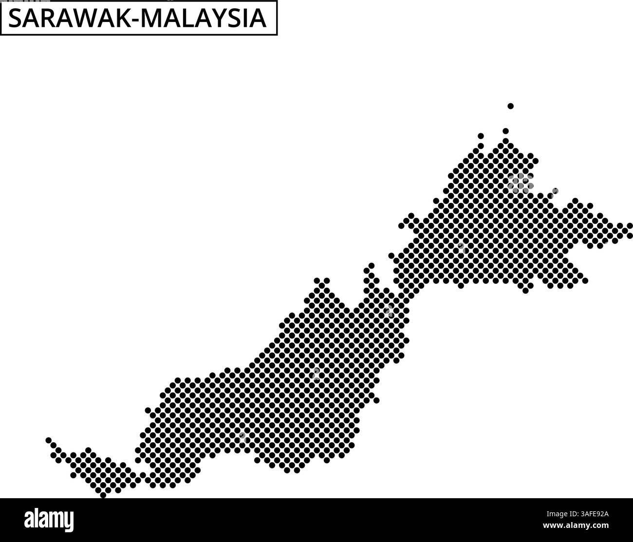 A dotted map displays the geographic outline of Malaysia, illustrating its two main regions and surrounding areas in a minimalist style. Stock Vector