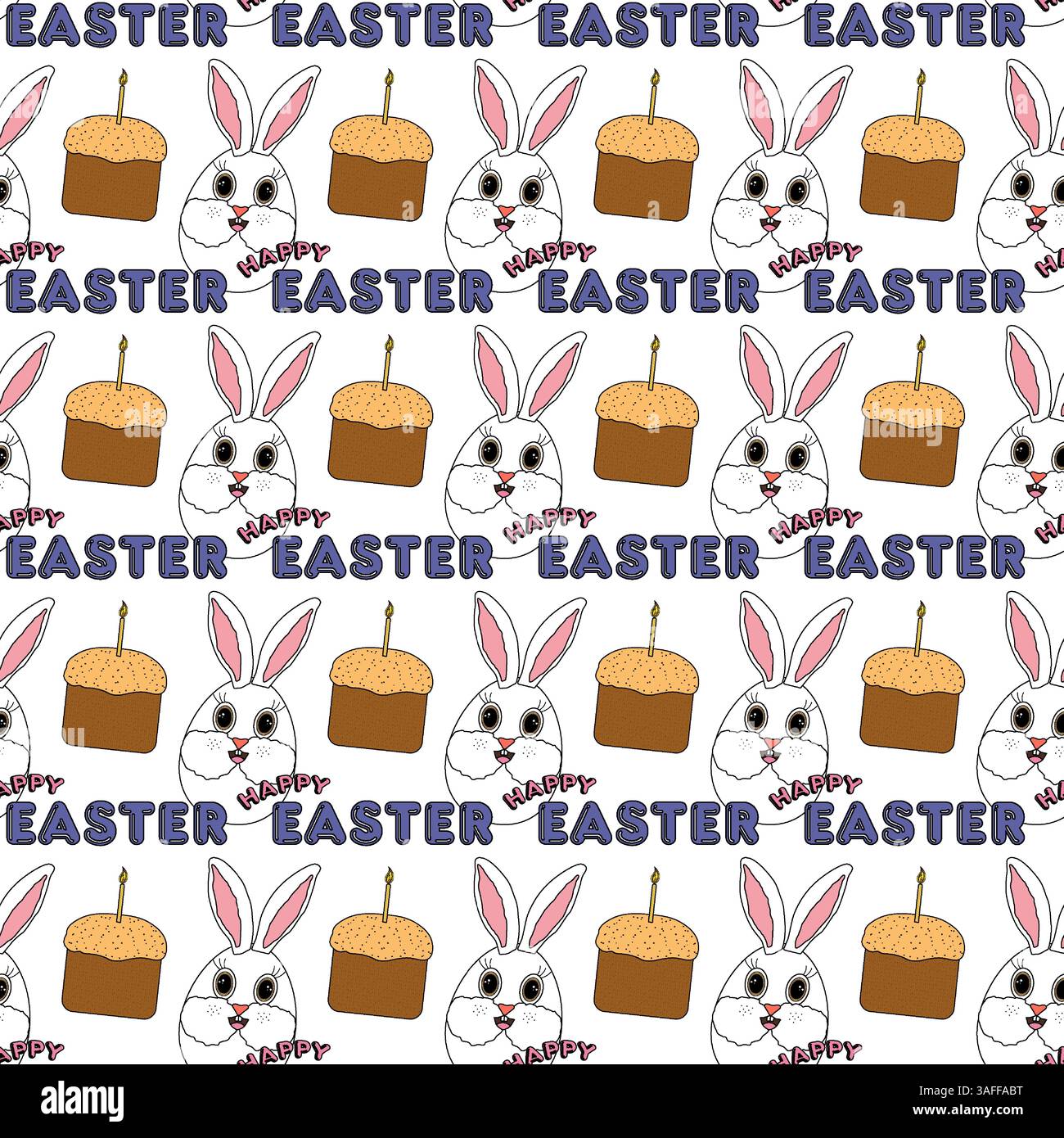 Seamless pattern featuring anthropomorphic characters - Easter bunnies eggs faces, festive Easter cakes, and - Happy Easter - text. Stock Vector