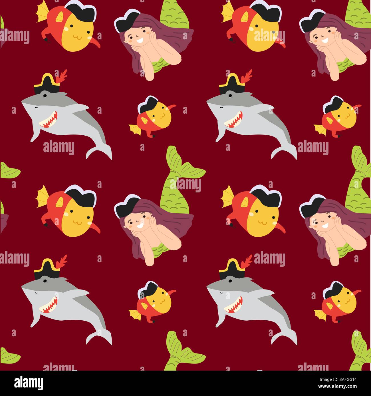 Cartoon sea creatures pattern with mermaids, sharks, and fish on red background. Stock Vector