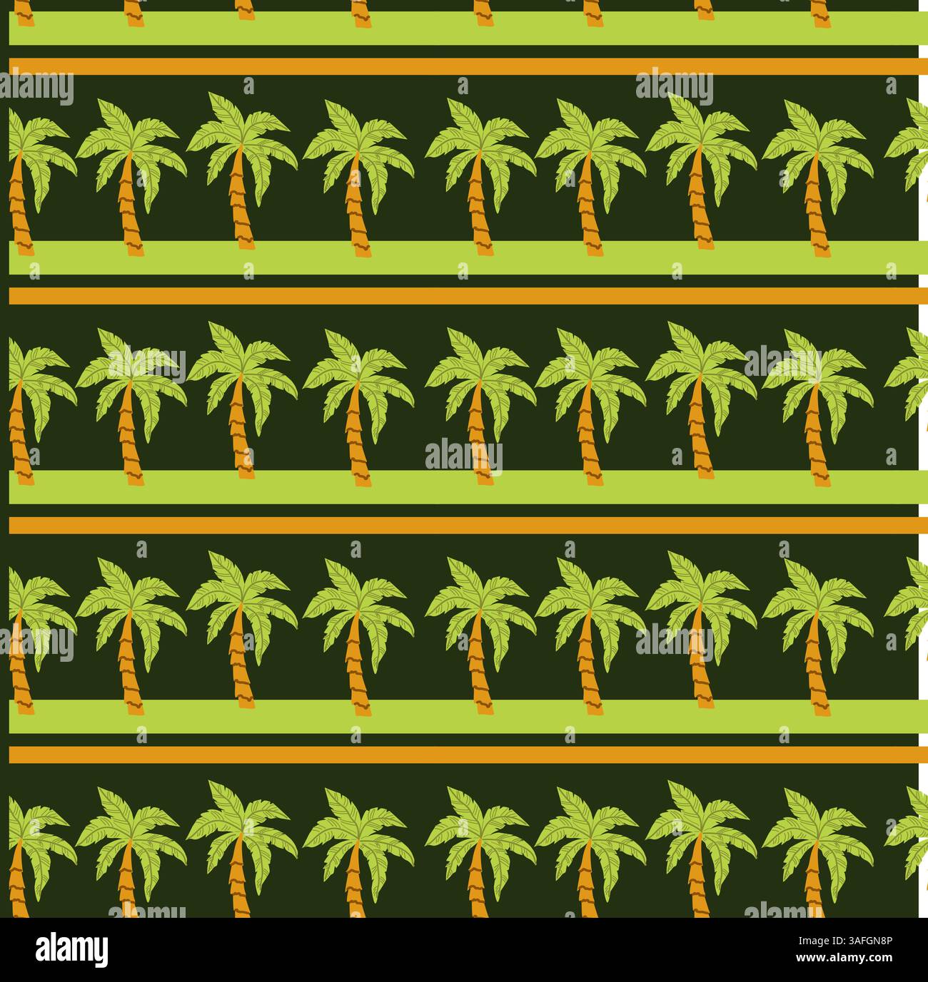 Seamless tropical palm tree pattern with green orange stripes. Stock Vector