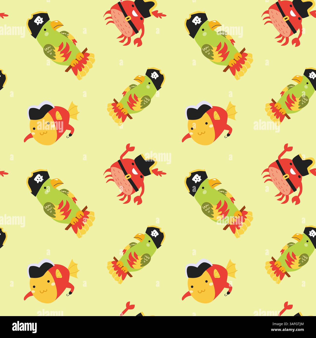 Pirate-themed cartoon sea creatures pattern on yellow background. Stock Vector