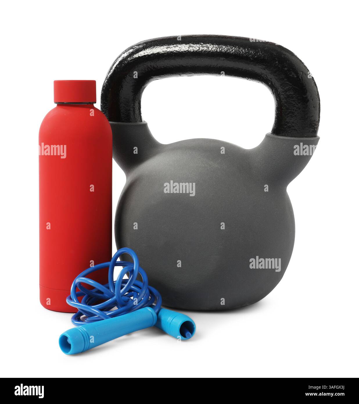 Kettle Rope Kettlebell, jumping rope and water bottle isolated on white Stock Photo ...
