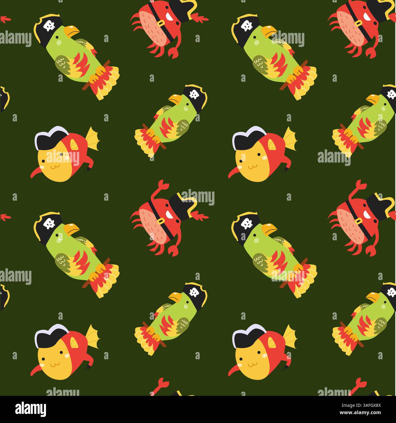 Pirate-themed cartoon fish and crab pattern on dark green background. Stock Vector