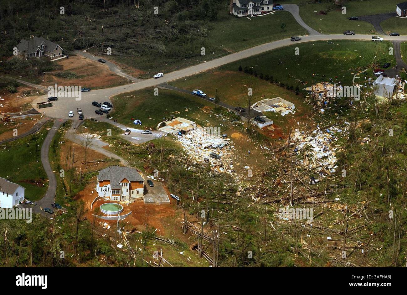 Aerial photos of the damage to homes and businesses east of La Plata, MD, Monday, April 29, 2002 caused by an F5 tornado that plowed through the center of the town Sunday evening April 28, 2002. (Credit Image: The Washington Times/ZUMAPRESS.com) Stock Photo