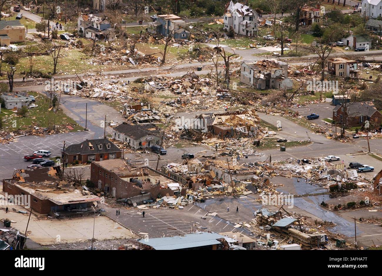 Aerial photos of the damage to homes and businesses in La Plata, MD, Monday, April 29, 2002 caused by an F5 tornado that plowed through the center of the town Sunday evening April 28, 2002. (Credit Image: The Washington Times/ZUMAPRESS.com) Stock Photo