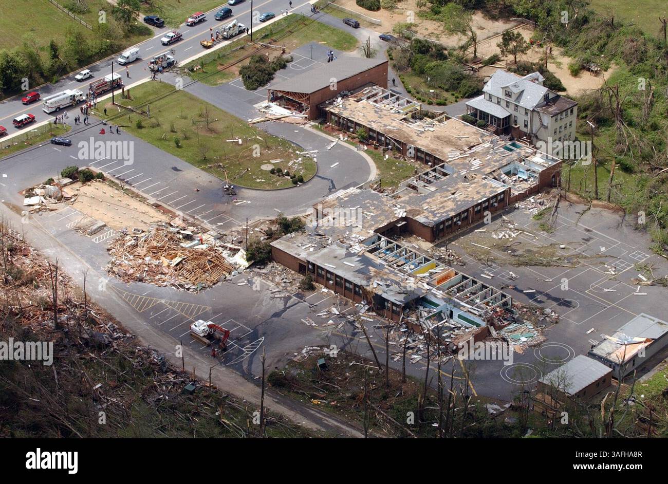 Aerial views of LaPlata, MD the day after a F5 tornado tore through the town Monday, April 29, 2002. Archbishop Neale Catholic School along Rt. 6 on the western edge of the town was devastated. (Credit Image: The Washington Times/ZUMAPRESS.com) Stock Photo