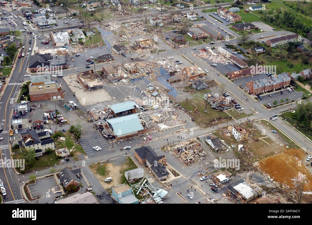 Aerial views of downtown LaPlata, MD the day after a F5 tornado devasted the town Monday, April 29, 2002. The post office is the blue roofed building near the center. (Credit Image: The Washington Times/ZUMAPRESS.com) Stock Photo