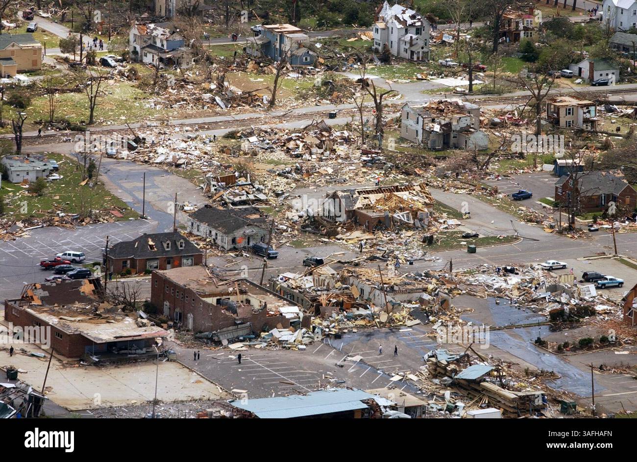 Aerial photos of the damage to homes and businesses in La Plata, MD, Monday, April 29, 2002 caused by an F5 tornado that plowed through the center of the town Sunday evening April 28, 2002. (Credit Image: The Washington Times/ZUMAPRESS.com) Stock Photo