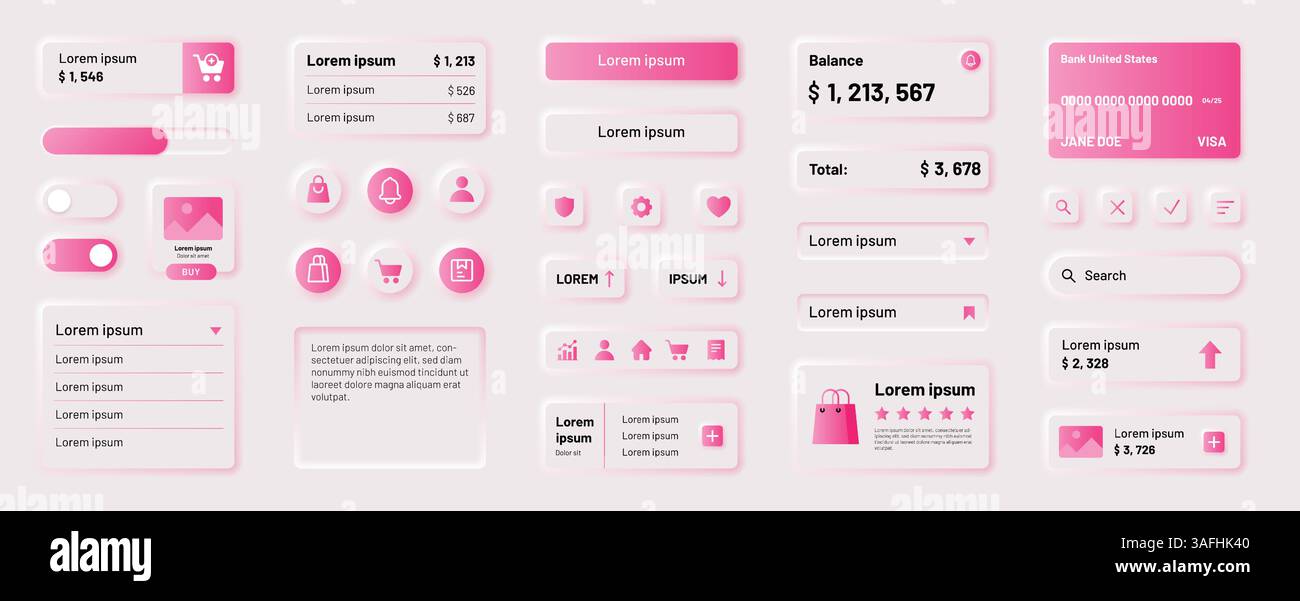 Ui elements. App interface button, mobile shop ux kit, neumorphic template. Website price for user order. Web interface isolated menu objects in minim Stock Vector