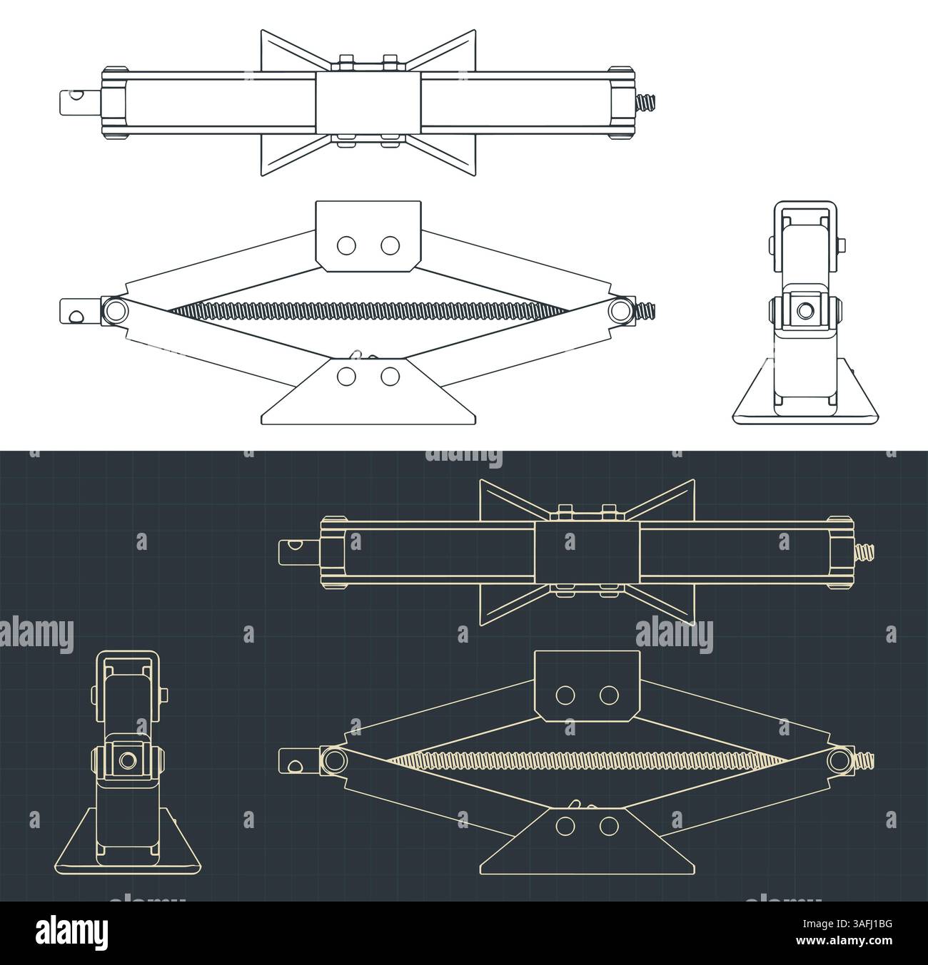 Car scissor jack lift blueprints stylized vector illustrations Stock Vector