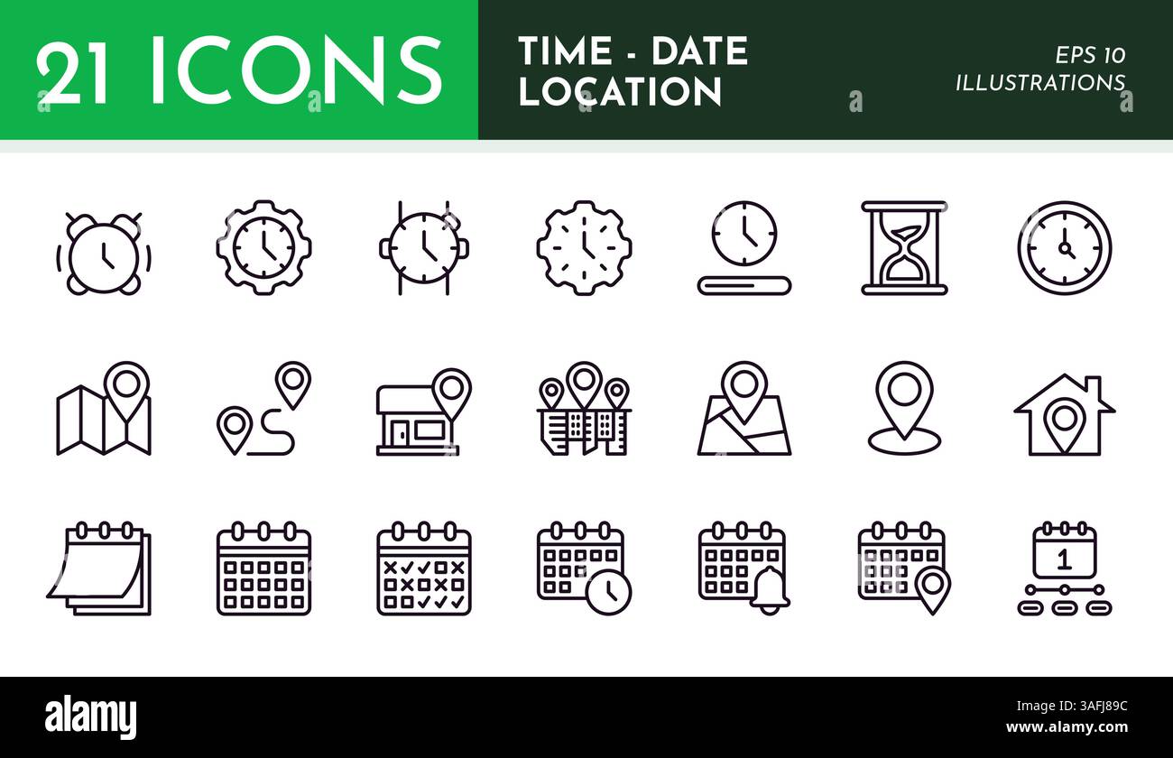 Time icons. Calendar date. Line clock symbol. Map location or event pin ...